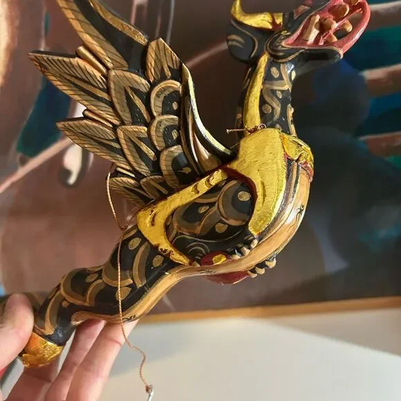 Vtg 90s 11.5" Dragon Naga Flying Hanging Green/Gold Handmade Wooden Bali Folkart - Picture 2 of 15